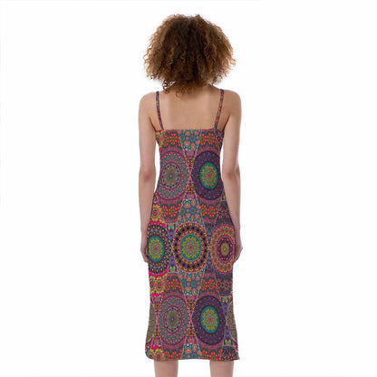 Vintage Bohemian Floral Mandala Print Slim Fit Midi Cami Dress