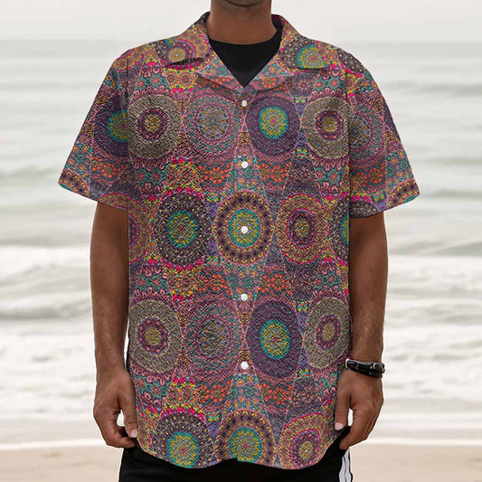 Vintage Bohemian Floral Mandala Print Textured Short Sleeve Shirt