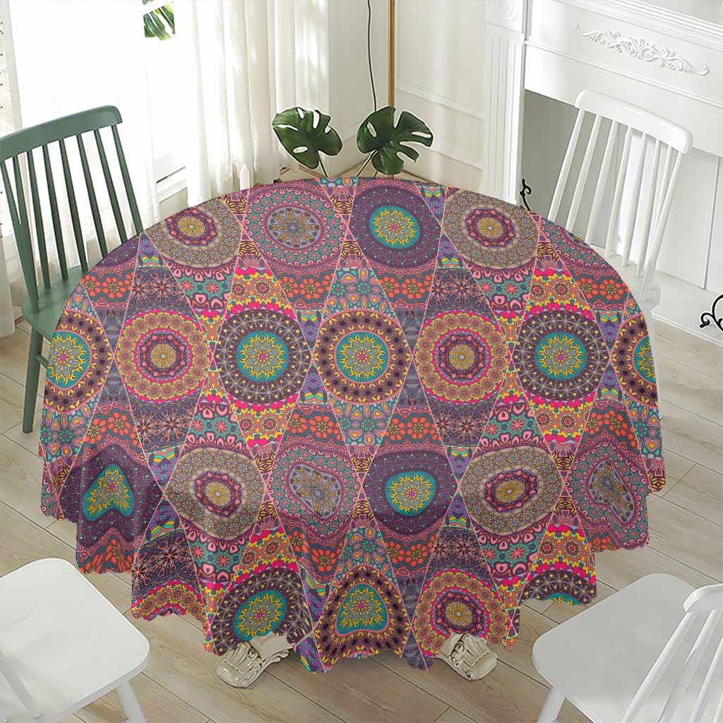 Vintage Bohemian Floral Mandala Print Waterproof Round Tablecloth