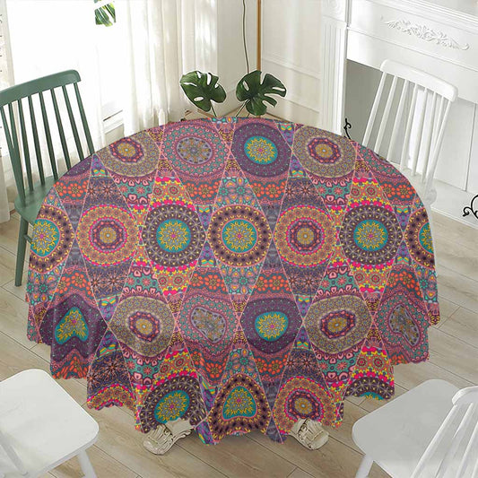Vintage Bohemian Floral Mandala Print Waterproof Round Tablecloth
