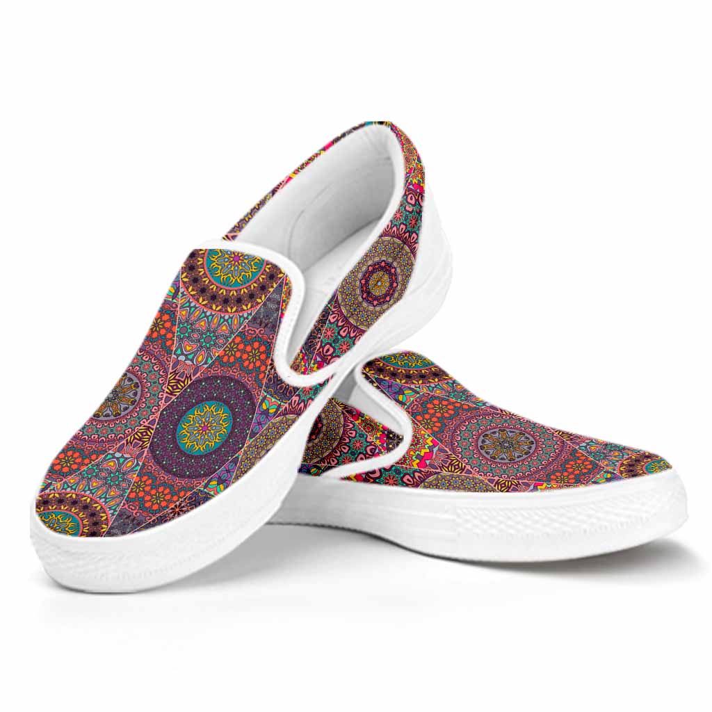 Vintage Bohemian Floral Mandala Print White Slip On Sneakers