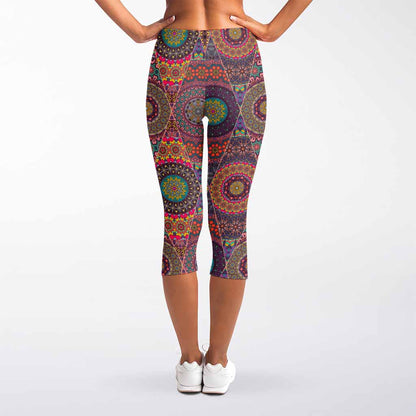 Vintage Bohemian Floral Mandala Print Women's Capri Leggings