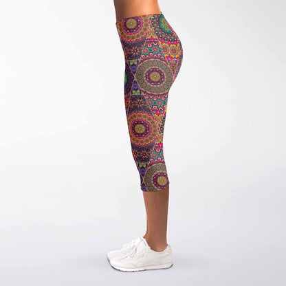 Vintage Bohemian Floral Mandala Print Women's Capri Leggings