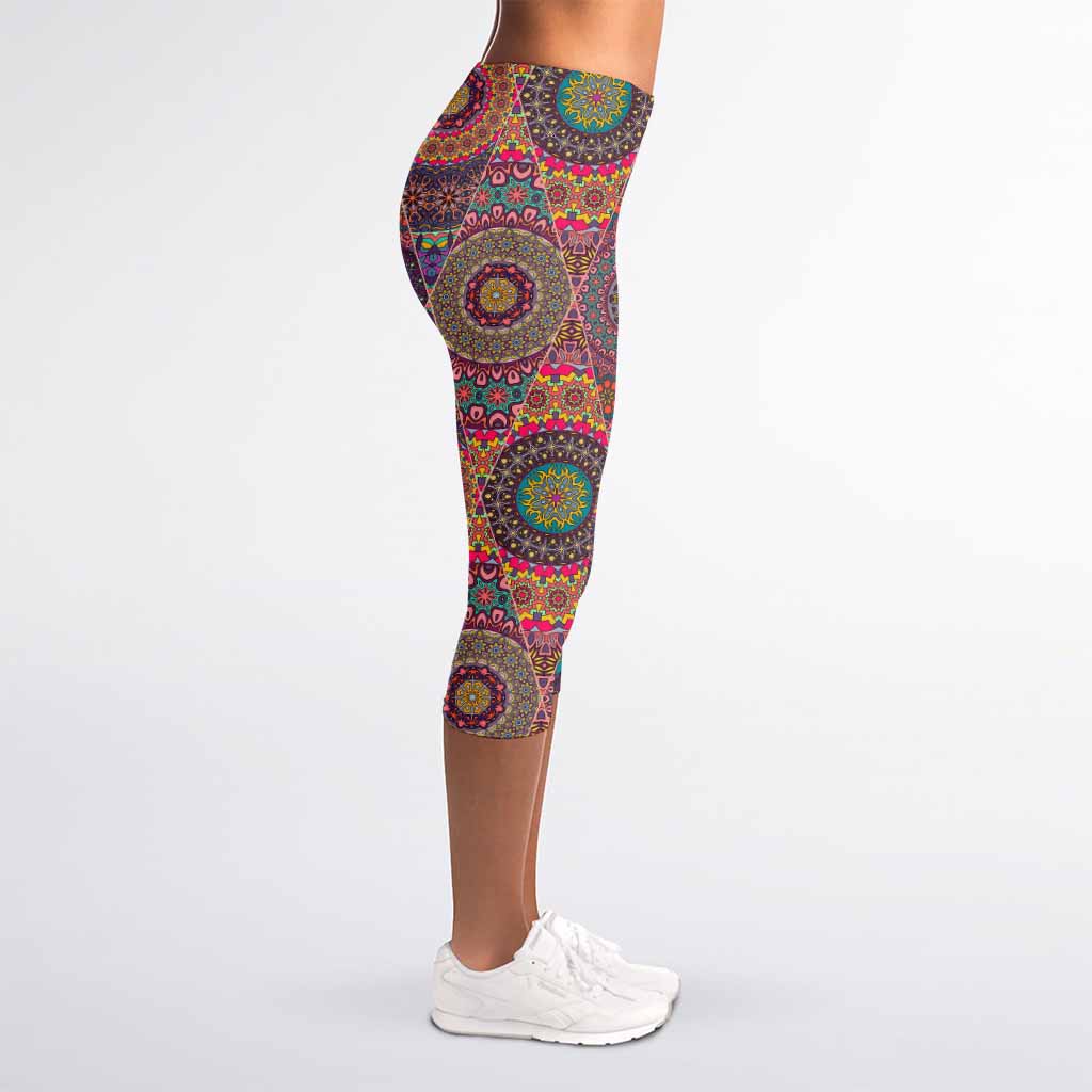 Vintage Bohemian Floral Mandala Print Women's Capri Leggings