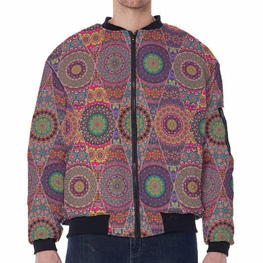 Vintage Bohemian Floral Mandala Print Zip Sleeve Bomber Jacket
