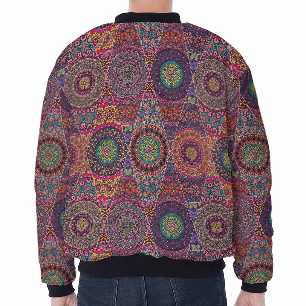 Vintage Bohemian Floral Mandala Print Zip Sleeve Bomber Jacket