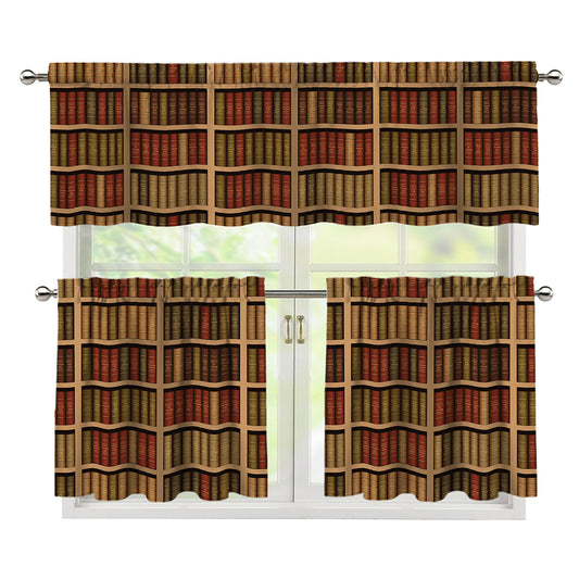 Vintage Bookshelf Pattern Print 3 Piece Kitchen Curtains