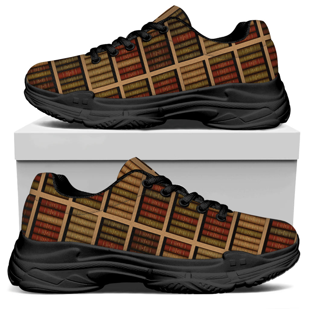 Vintage Bookshelf Pattern Print Black Chunky Shoes