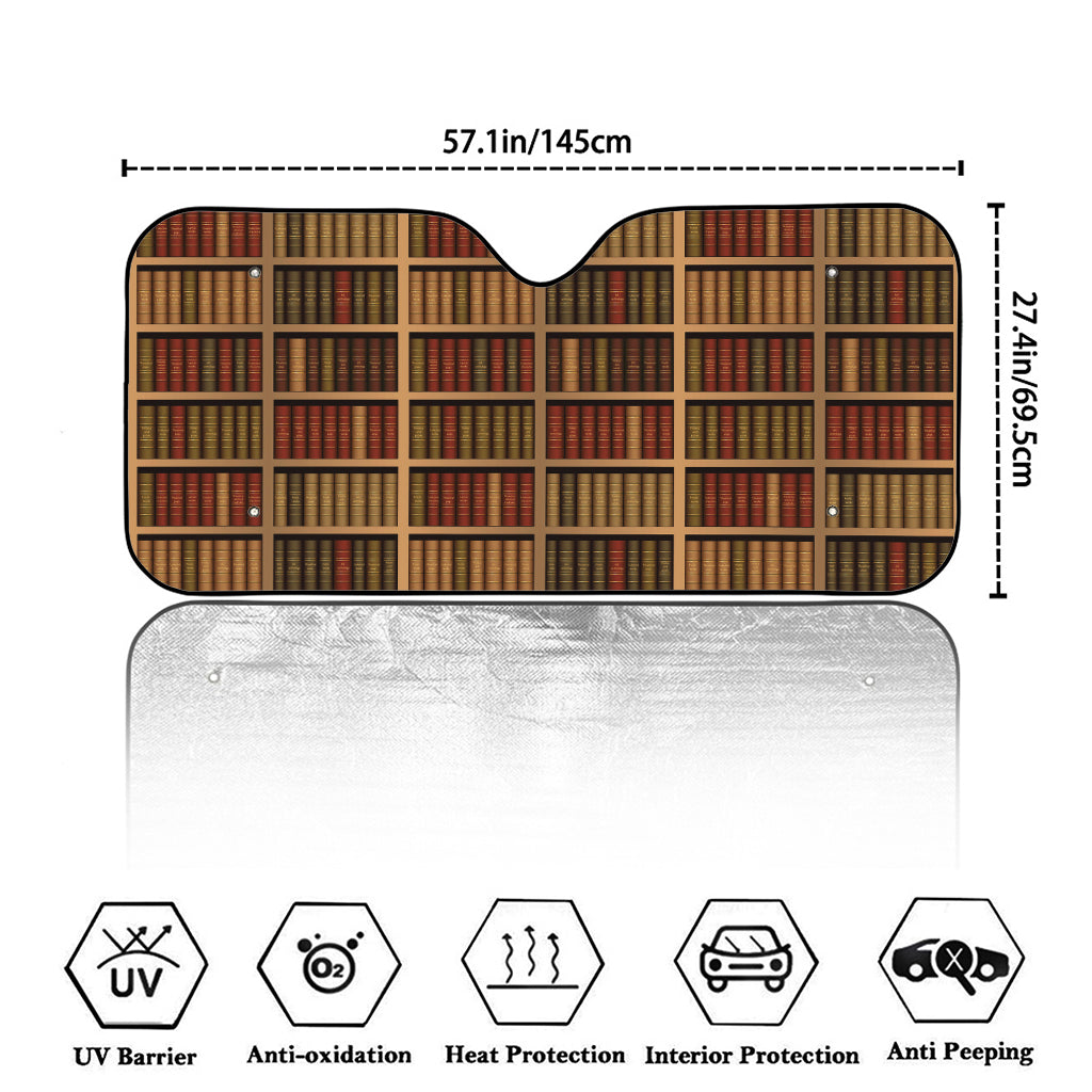 Vintage Bookshelf Pattern Print Car Windshield Sun Shade