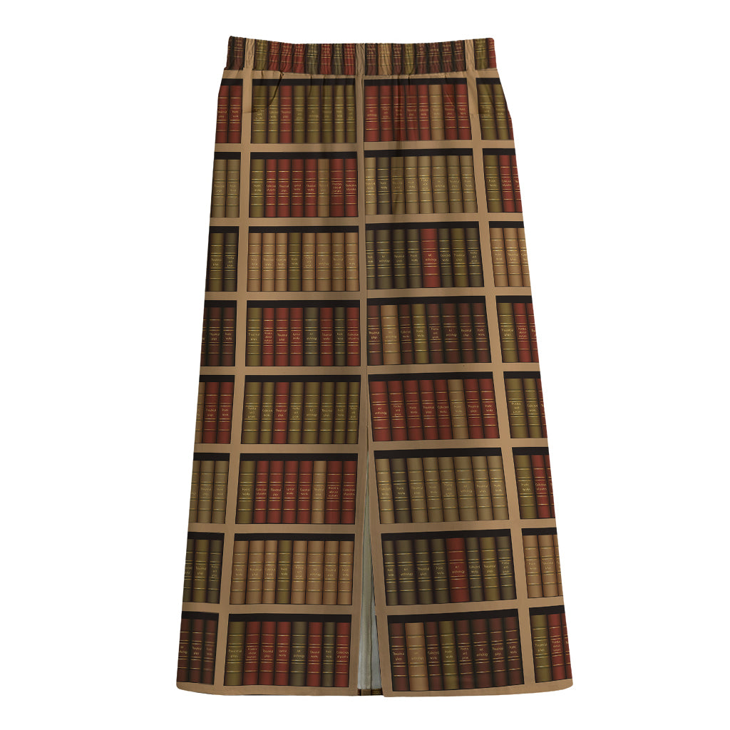 Vintage Bookshelf Pattern Print Cotton Front Slit Maxi Skirt