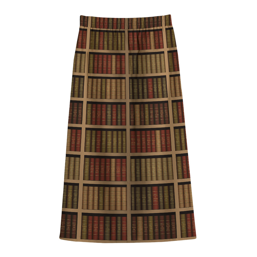 Vintage Bookshelf Pattern Print Cotton Front Slit Maxi Skirt