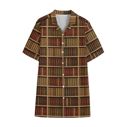 Vintage Bookshelf Pattern Print Cotton Hawaiian Shirt