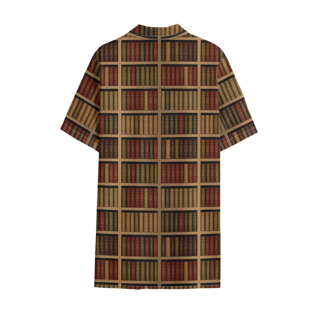 Vintage Bookshelf Pattern Print Cotton Hawaiian Shirt