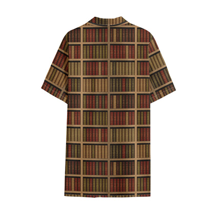 Vintage Bookshelf Pattern Print Cotton Hawaiian Shirt