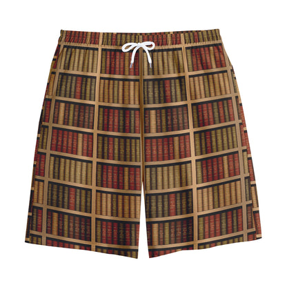 Vintage Bookshelf Pattern Print Cotton Shorts