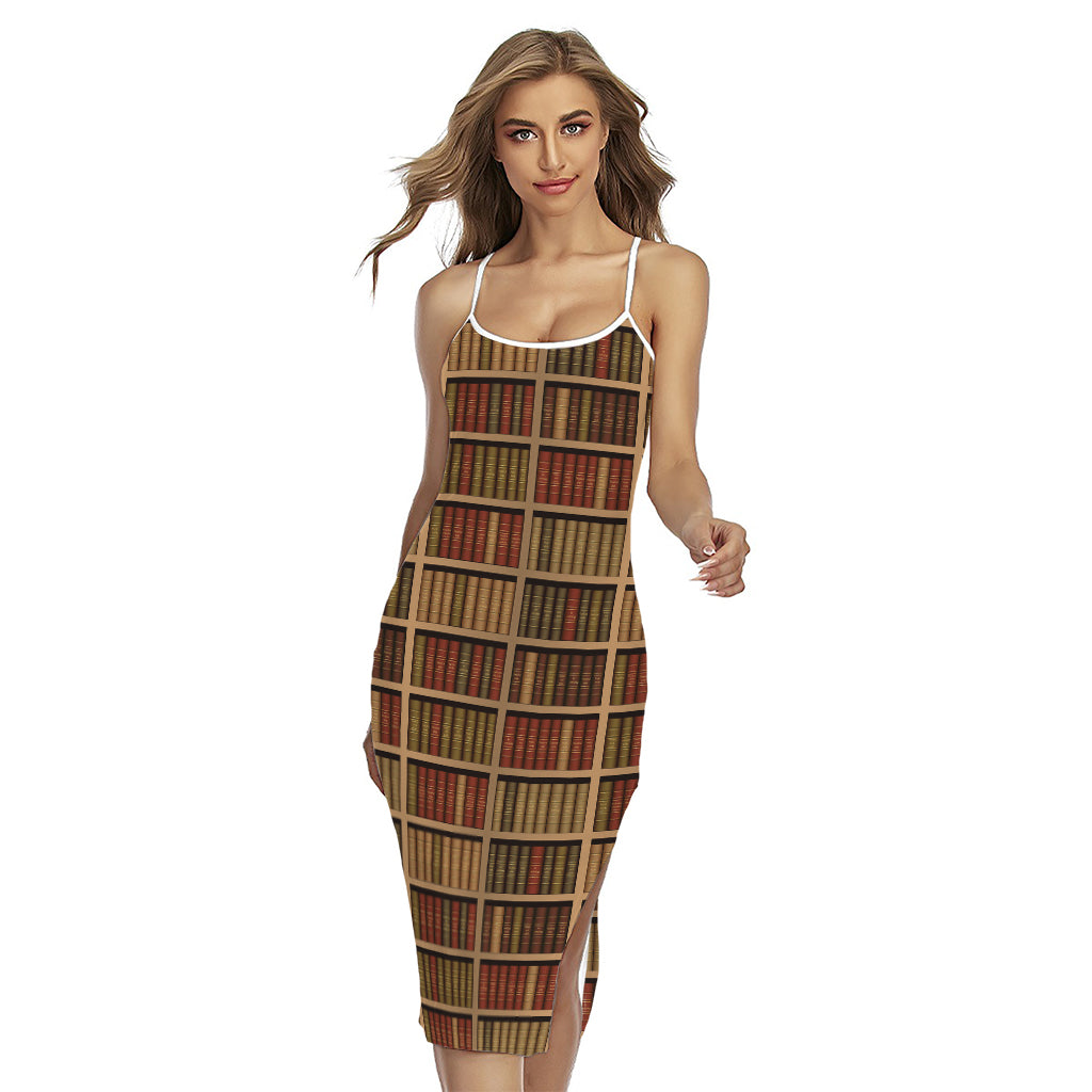 Vintage Bookshelf Pattern Print Cross Back Cami Dress