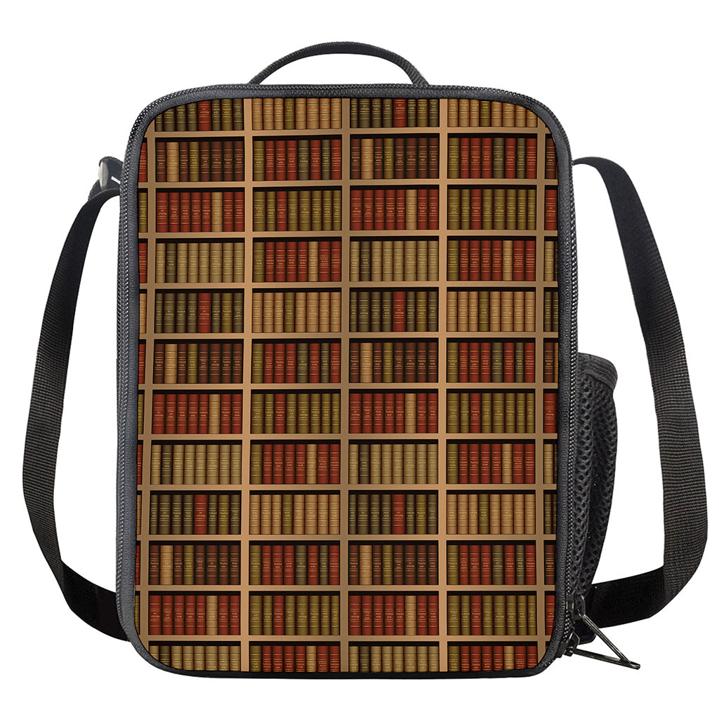 Vintage Bookshelf Pattern Print Crossbody Lunch Bag