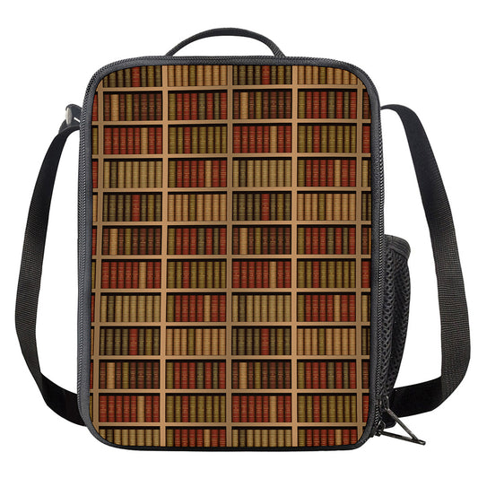 Vintage Bookshelf Pattern Print Crossbody Lunch Bag