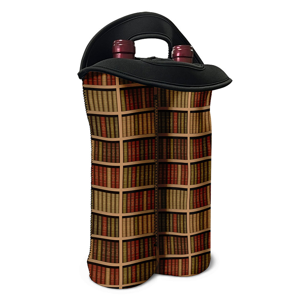 Vintage Bookshelf Pattern Print Double Neoprene Wine Tote