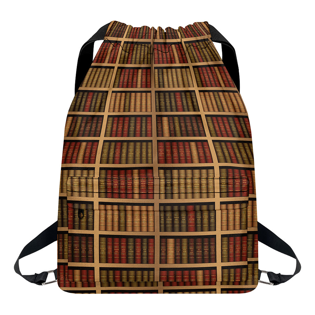 Vintage Bookshelf Pattern Print Drawstring Backpack