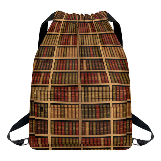 Vintage Bookshelf Pattern Print Drawstring Backpack