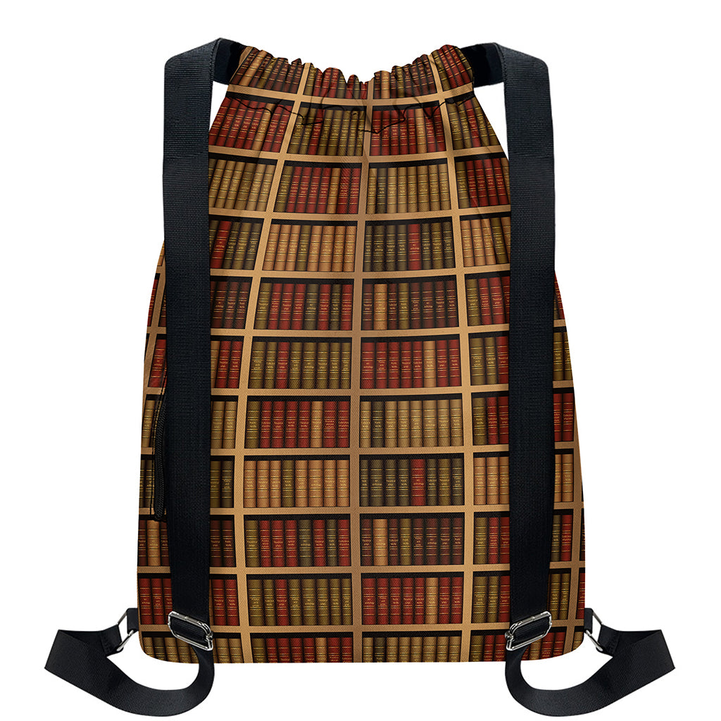 Vintage Bookshelf Pattern Print Drawstring Backpack