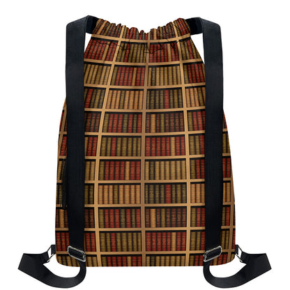 Vintage Bookshelf Pattern Print Drawstring Backpack