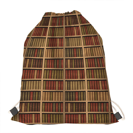 Vintage Bookshelf Pattern Print Drawstring Bag