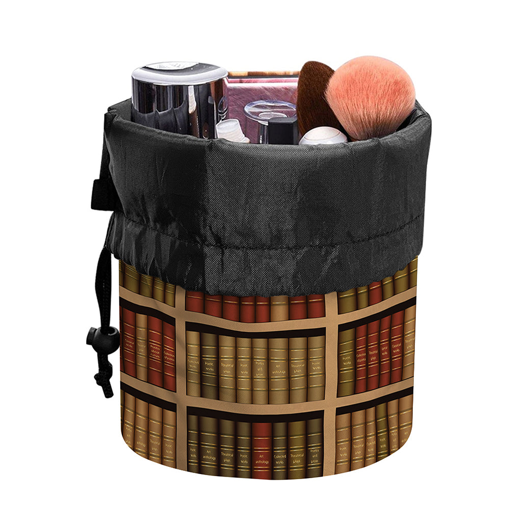 Vintage Bookshelf Pattern Print Drawstring Makeup Bag
