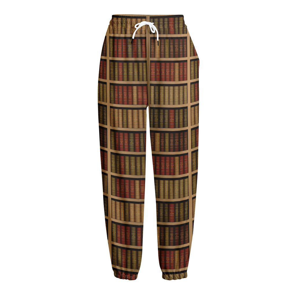 Vintage Bookshelf Pattern Print Fleece Lined Knit Pants