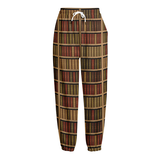 Vintage Bookshelf Pattern Print Fleece Lined Knit Pants