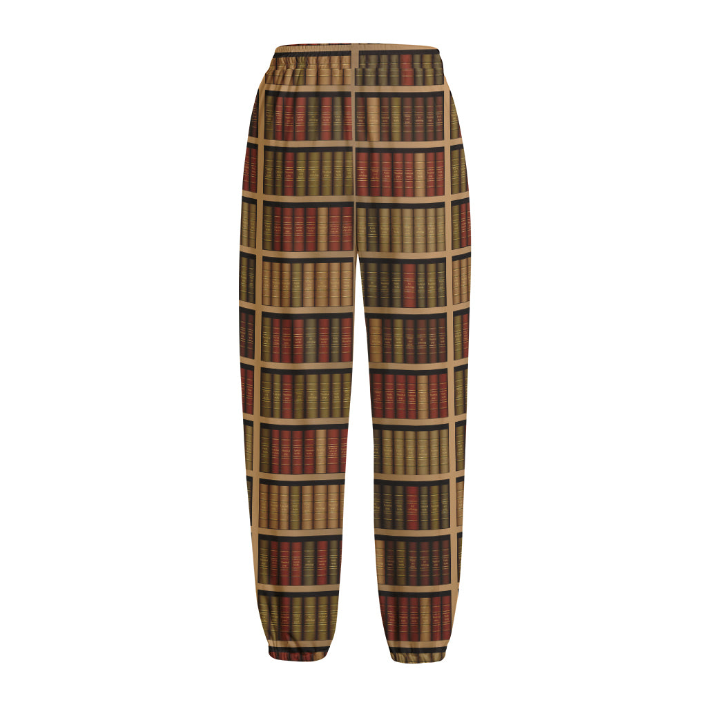 Vintage Bookshelf Pattern Print Fleece Lined Knit Pants