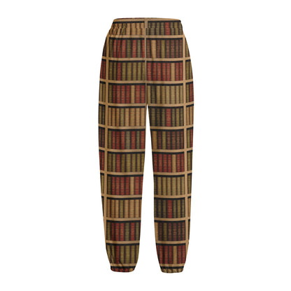 Vintage Bookshelf Pattern Print Fleece Lined Knit Pants