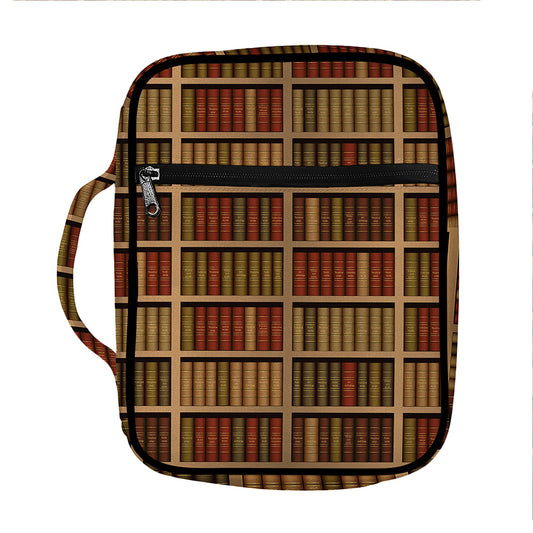 Vintage Bookshelf Pattern Print Front Pocket Bible Bag
