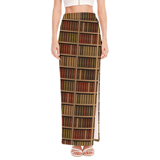 Vintage Bookshelf Pattern Print High Slit Maxi Skirt