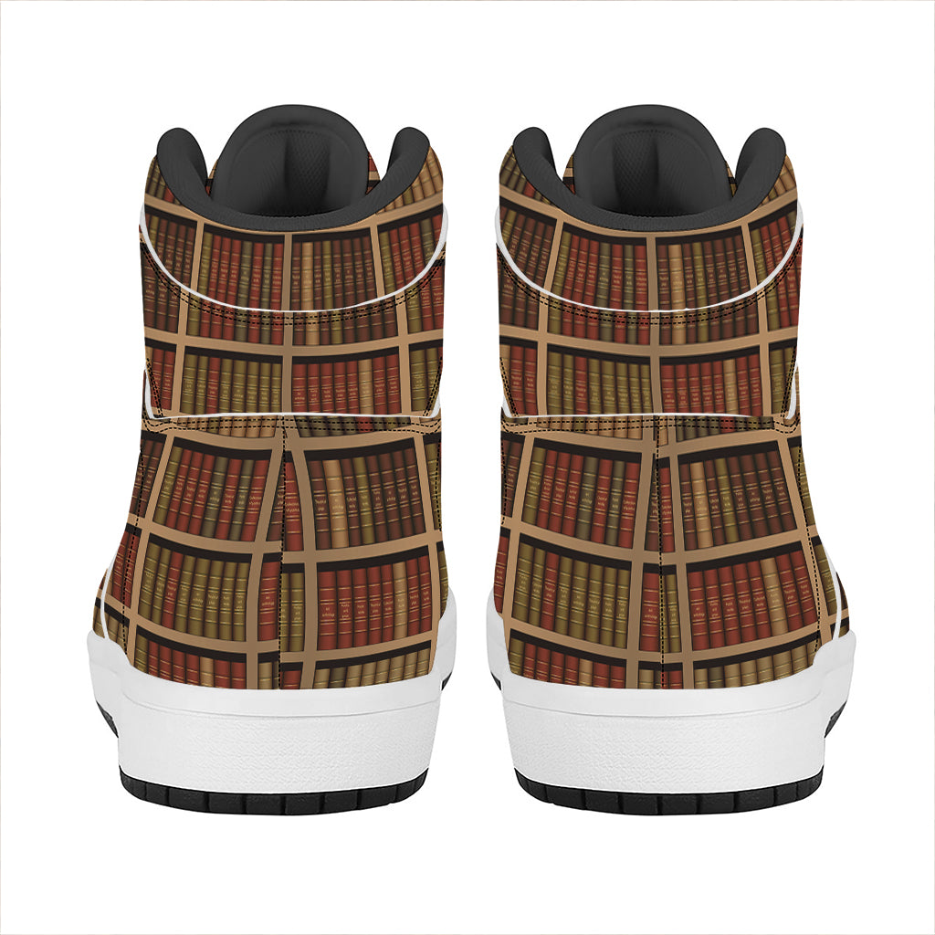 Vintage Bookshelf Pattern Print High Top Leather Sneakers