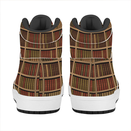 Vintage Bookshelf Pattern Print High Top Leather Sneakers