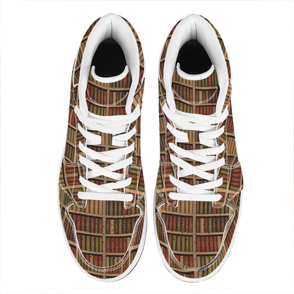 Vintage Bookshelf Pattern Print High Top Leather Sneakers