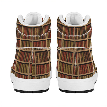Vintage Bookshelf Pattern Print High Top Leather Sneakers
