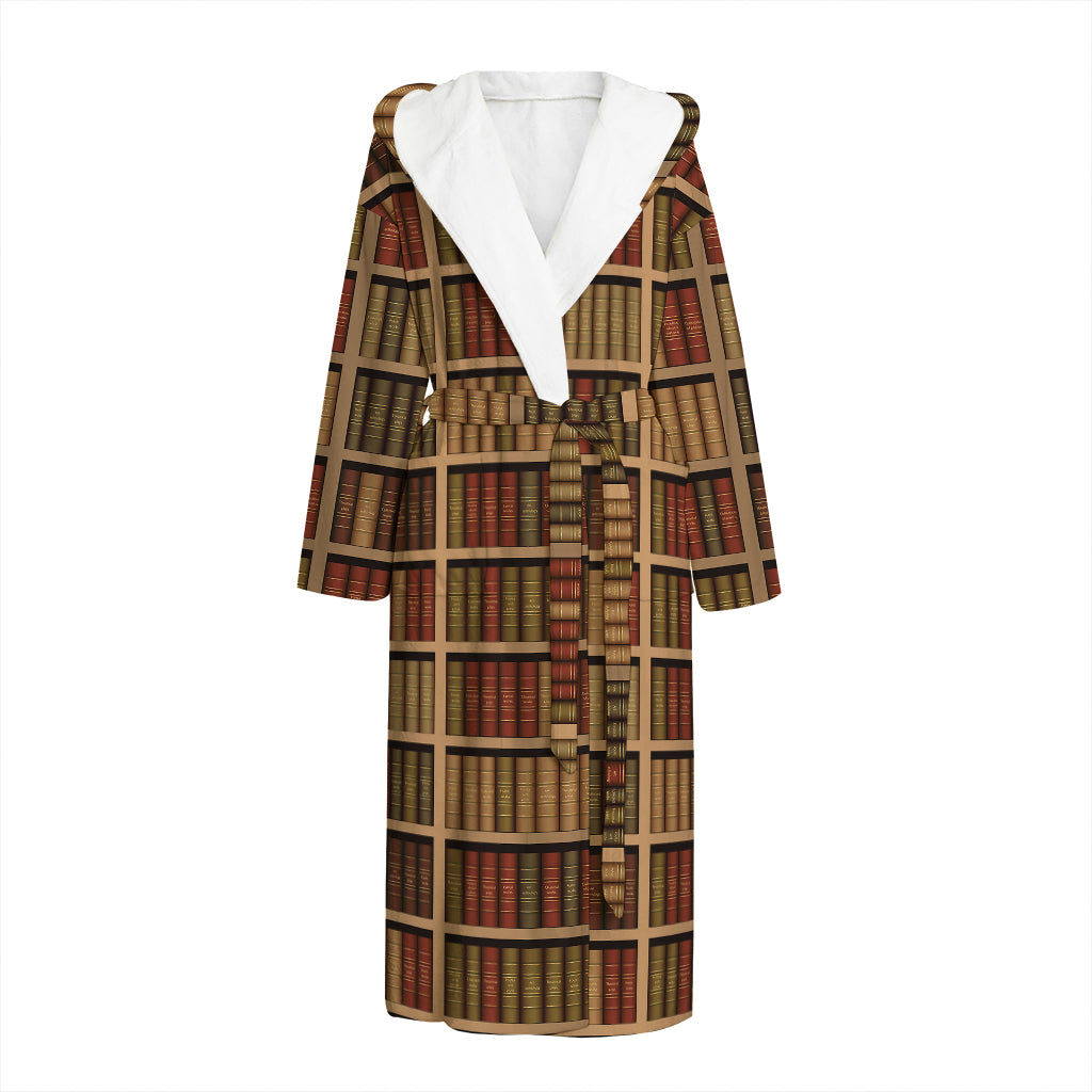 Vintage Bookshelf Pattern Print Hooded Bathrobe