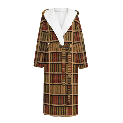 Vintage Bookshelf Pattern Print Hooded Bathrobe