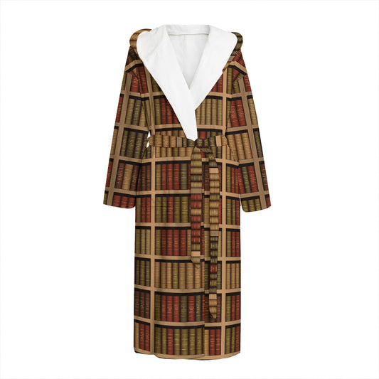 Vintage Bookshelf Pattern Print Hooded Bathrobe