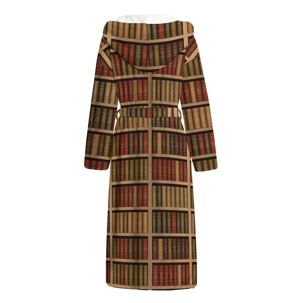 Vintage Bookshelf Pattern Print Hooded Bathrobe