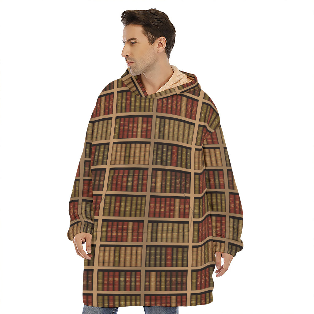 Vintage Bookshelf Pattern Print Hoodie Blanket