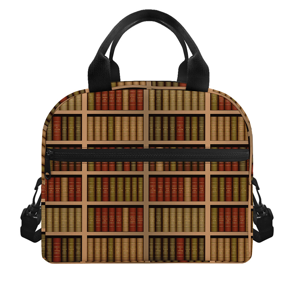 Vintage Bookshelf Pattern Print Insulated Lunch Bag