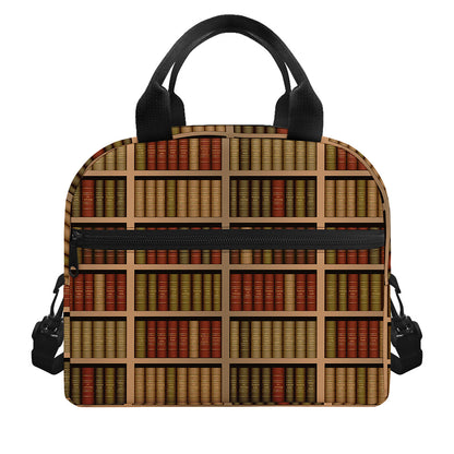Vintage Bookshelf Pattern Print Insulated Lunch Bag