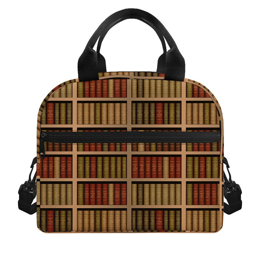 Vintage Bookshelf Pattern Print Insulated Lunch Bag