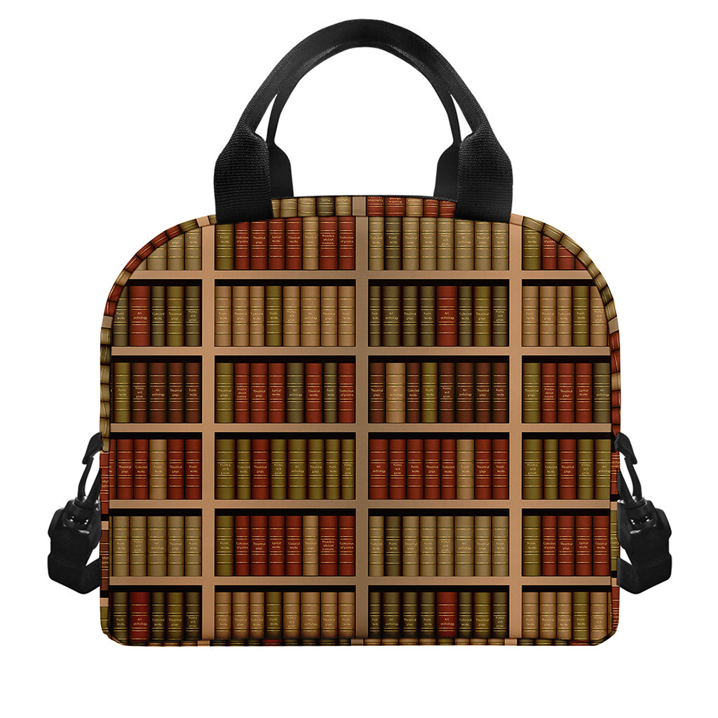 Vintage Bookshelf Pattern Print Insulated Lunch Bag