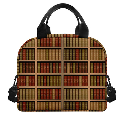 Vintage Bookshelf Pattern Print Insulated Lunch Bag