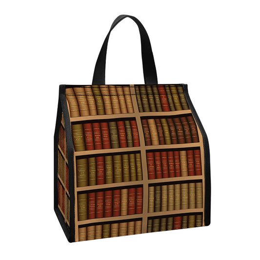 Vintage Bookshelf Pattern Print Insulated Lunch Tote